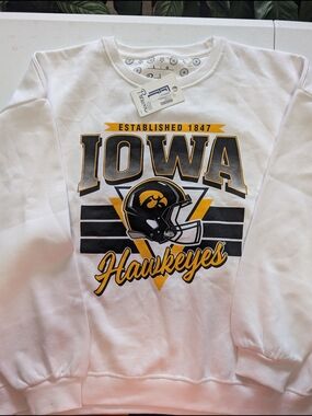 Pressbox White Iowa Hawkeyes Crewneck with Black & Gold Logo